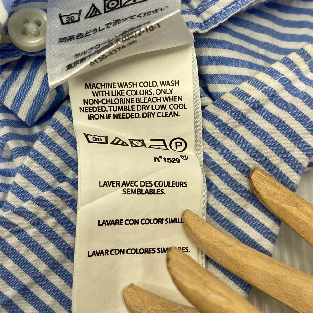 Polo Ralph Lauren Blue & White Seersucker Short Sleeve Button Down Shirt S382